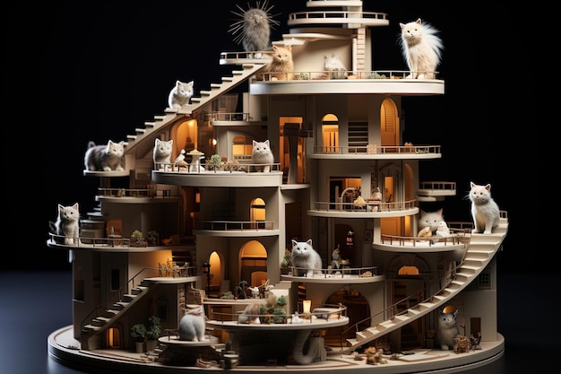 Meow niverse Architects Capture a world where cats are skilled architects constructing intricate and fantastical cat themed buildings illustration generative ai