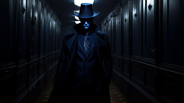 Photo mephisto in dark blue uniform walking through dark corridor