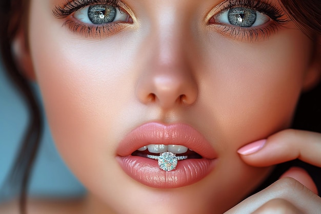 Photo mercantile escort girl holds gold diamond ring in lips close up