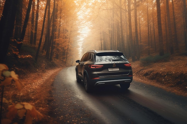 A mercedes - benz glc driving on a road in a forest.