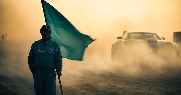 Mercedes driver holding a flag while standing in smoke