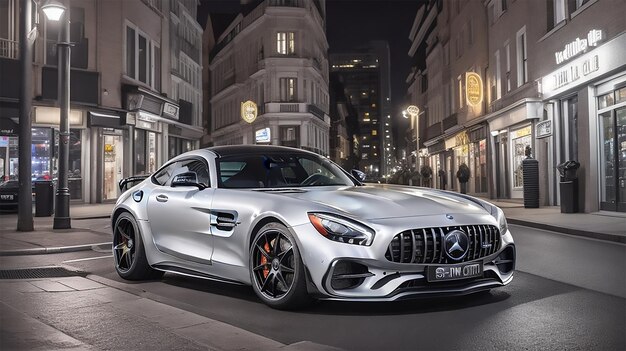 a Mercedes in glowing night street