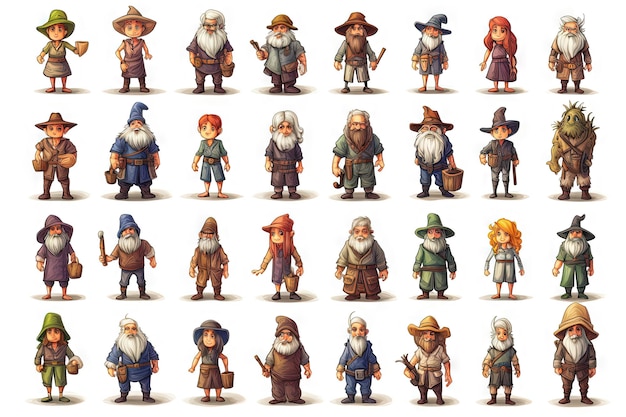 merchants quest givers and villagers game cartoon characters on white background game elements npc