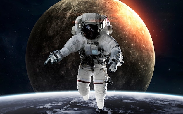 mercury with astronaut in front of planet. solar system. elements of this image furnished by nasa