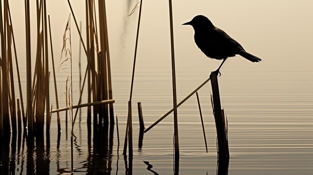 Foto merel op een lisdodde schaduw silhouet concept