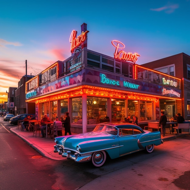 merican retro hotel diner sunset illustration with old car
