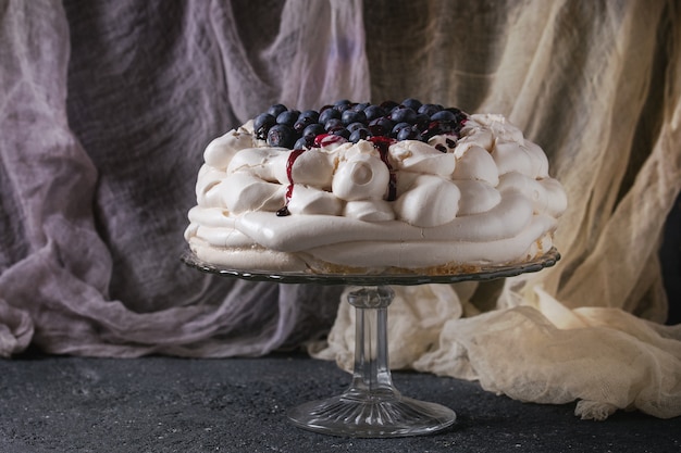 Meringue cake Pavlova with blueberries