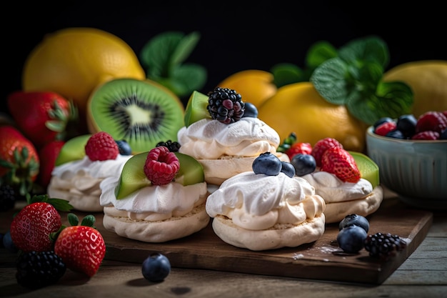 Фото Бутерброды с печеньем безе со свежими фруктами и сливками, созданные с помощью генеративного ии