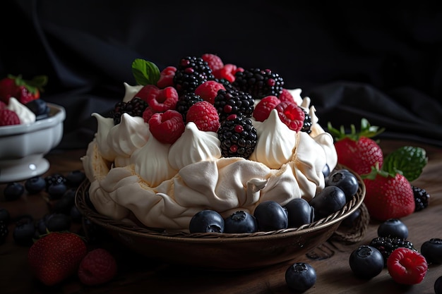 Meringue nest filled with berries and cream created with generative ai