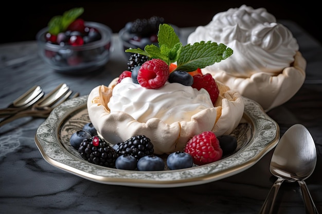 Meringue nest filled with whipped cream and fresh berries created with generative ai