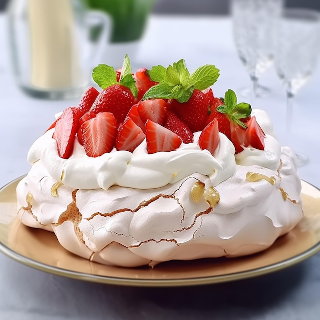 Foto torta pavlova meringata con fragole fresche