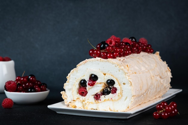 Meringue roll cake met room en bessen Rollade zomerdessert Zoetwarendessert