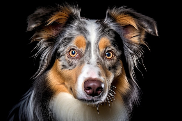 Merle Australian Shepherd dog closeup portrait studio shot