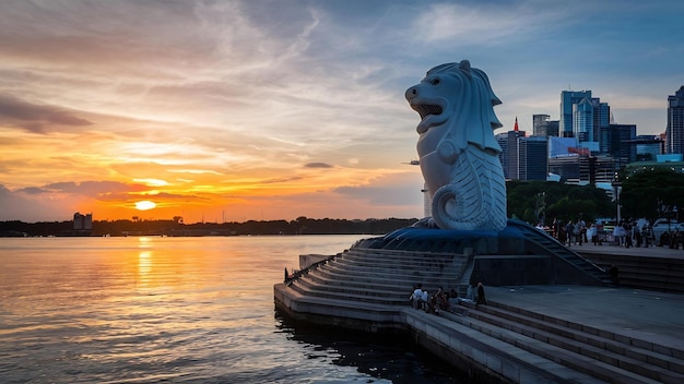 Photo merlion on sunset