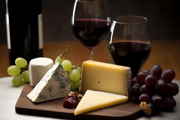 메를로와 체다 와인 한 병과 포도를 얹은 치즈