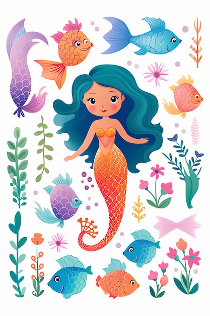 mermaid cartoon sticker card