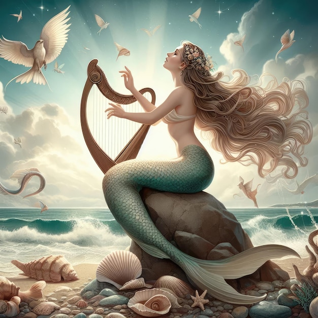 Mermaid character illustration on the sea imagination fantastic background