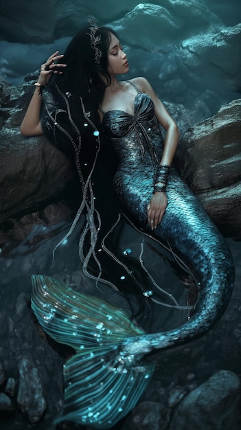 Mermaid contemplating at dusk in a mystical seacave