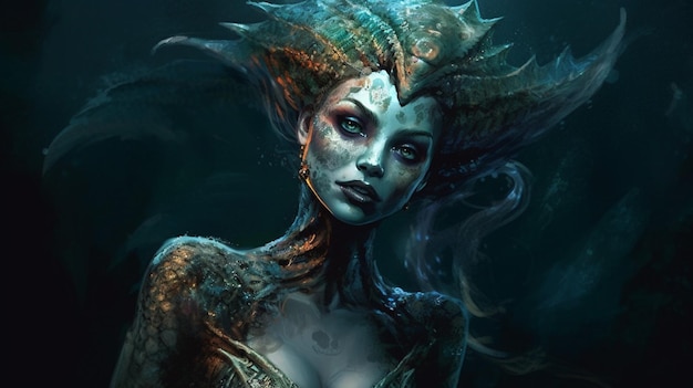 A mermaid in a dark blue background