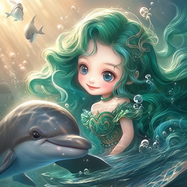 Photo mermaid and dolphin in the ocean with bubbles and sunbeams generative ai