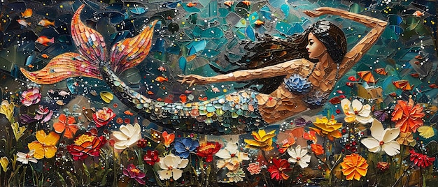 A mermaid in a field of underwater flowers