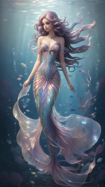 Mermaid Fish Girl Arched Tail Bifurcated Fin Iridescent Lines Pearl Top Magical Seascape Small Fishe