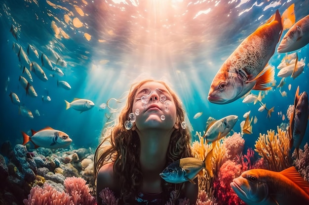 Mermaid girl swims underwater among the fish neural network ai generated