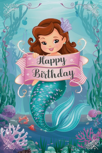 Photo mermaid holding banner birthday card