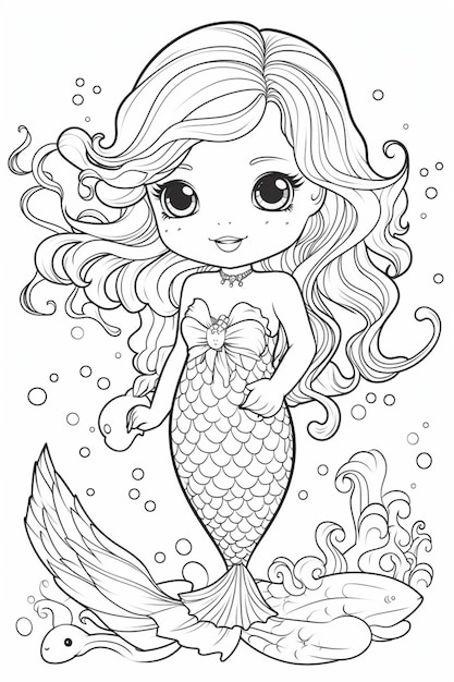 A mermaid is shown in black and white.