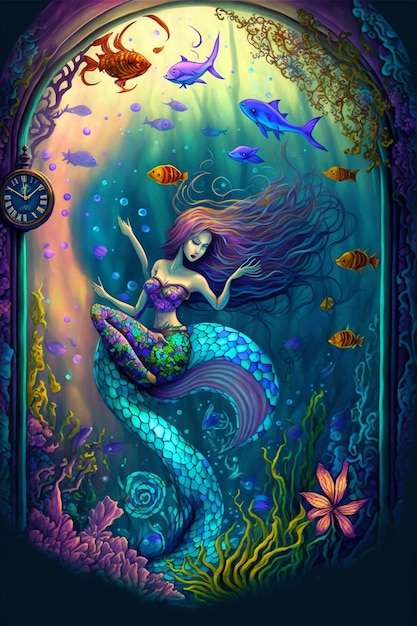 A mermaid is sitting in a sea of fish.