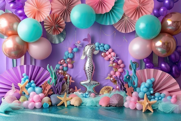 Photo a mermaid is surrounded by balloons and the sea lifesaver is surrounded by balloons