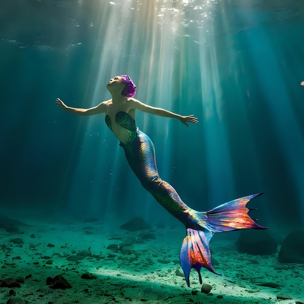 a mermaid is swimming under a blue water with the words quot mermaid quot on the bottom
