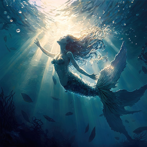 A mermaid is swimming under water with the word mermaid on the bottom.