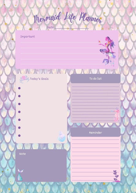 Mermaid life planner digitale planning inlegblad afdrukbare paginasjabloon