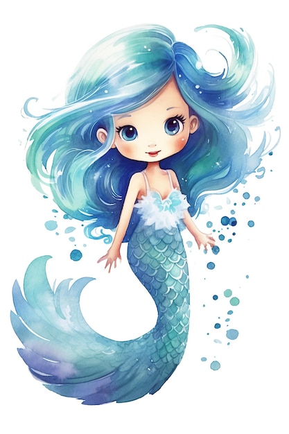 Mermaid princess watercolor clipart cute isolated on white background with Generative AI