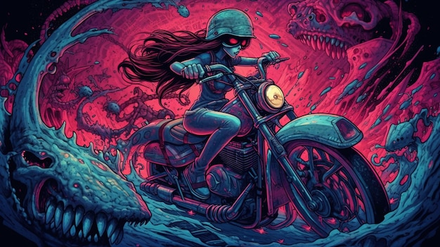 A mermaid riding a futuristic motorcycle Fantasy concept Illustration painting Generative AI