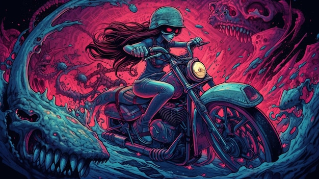 未来的なバイクに乗る人魚 ファンタジーコンセプト イラスト絵画 生成AI