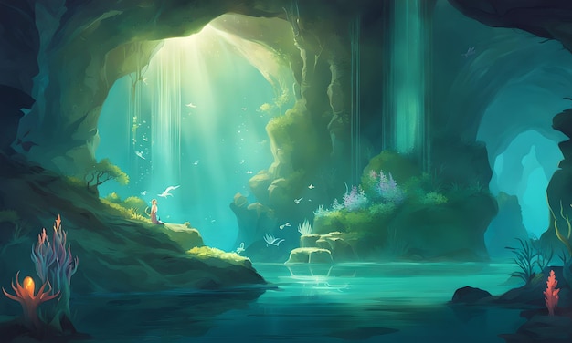 Mermaid's Hidden Grotto Landscape Wallpaper