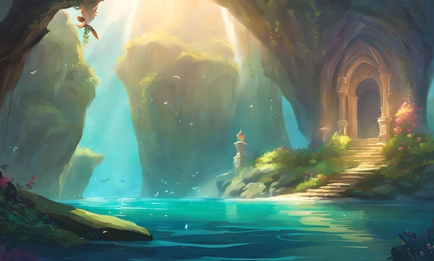 Mermaid's Hidden Grotto Landscape Wallpaper