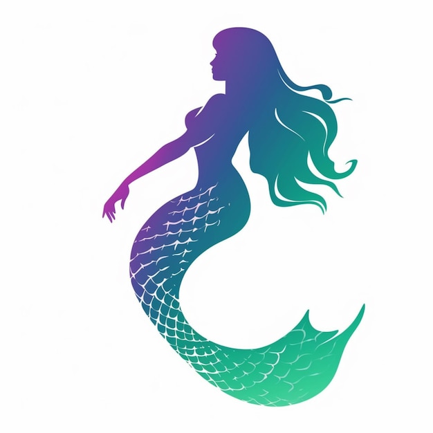 Foto silhouette di sirena con capelli lunghi e coda in colori viola e verde generativo ai