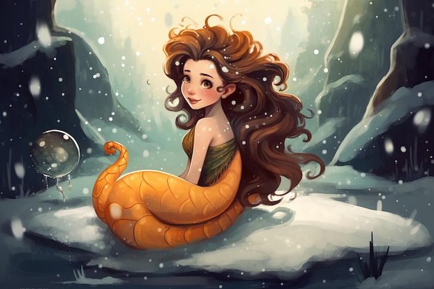 A mermaid sits in the snow with a yellow tail.