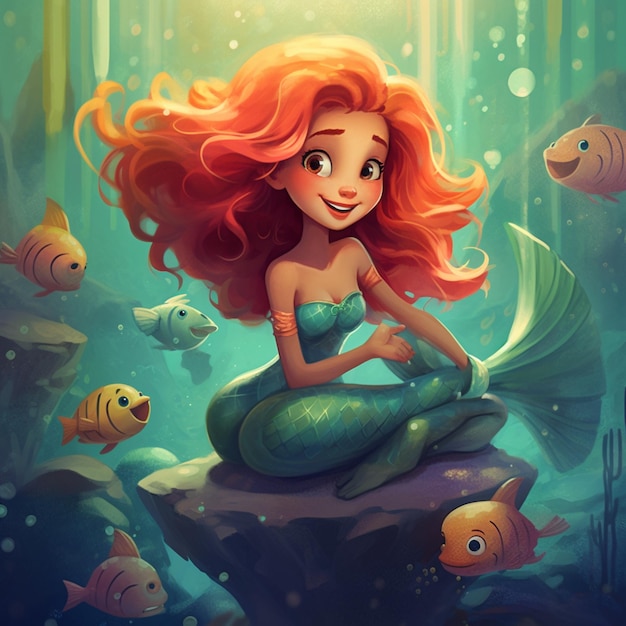 mermaid sitting on a rock surrounded by fish generative ai