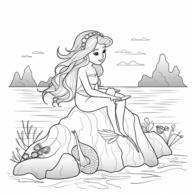 a mermaid sitting on a rock in the water with a fish generative ai