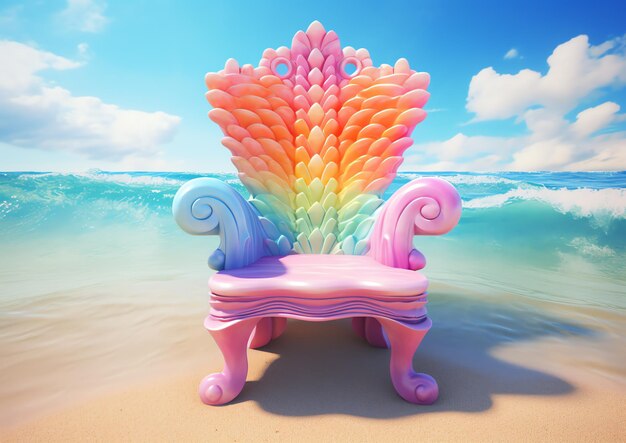 Foto sedia in stile sirena in un mondo magico sottomarino con colori pastello arcobaleno spiaggia stile memaid