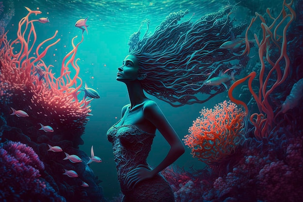 Mermaid swimming near corals and fish AI