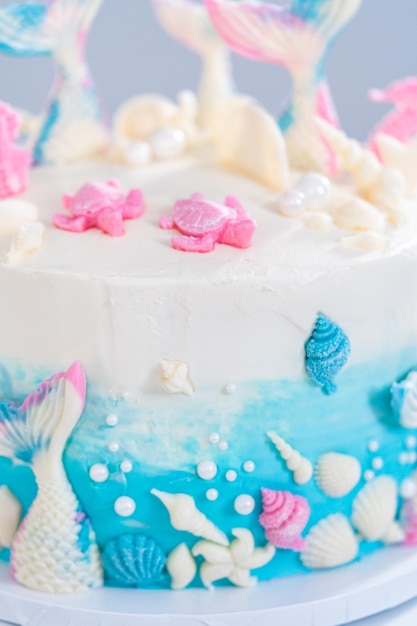 Mermaid themed 3 layer vanilla cake