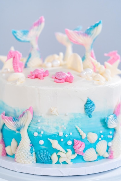 Photo mermaid themed 3 layer vanilla cake