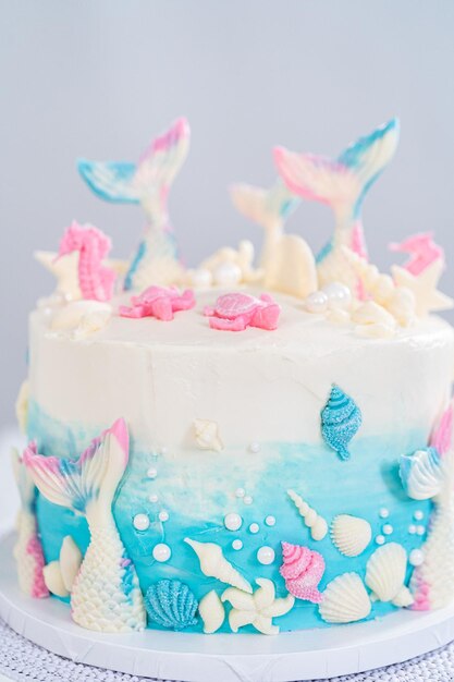 Mermaid themed 3 layer vanilla cake