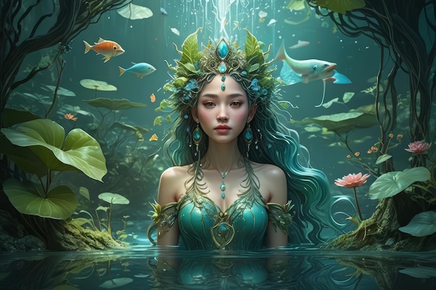 a mermaid in the water with fish and underwater plants