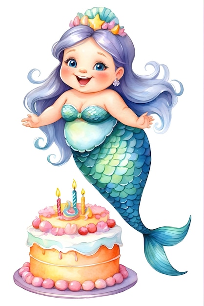 Photo mermaid watercolor animal with birthday cake cute animal with cake animal birthday celebration